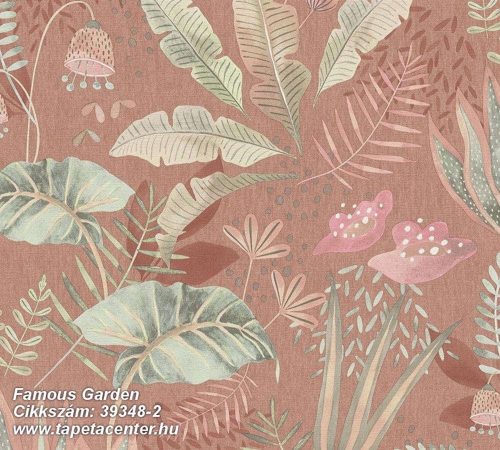 Természeti mintás,textil hatású,narancs-terrakotta,zöld,súrolható,vlies tapéta 